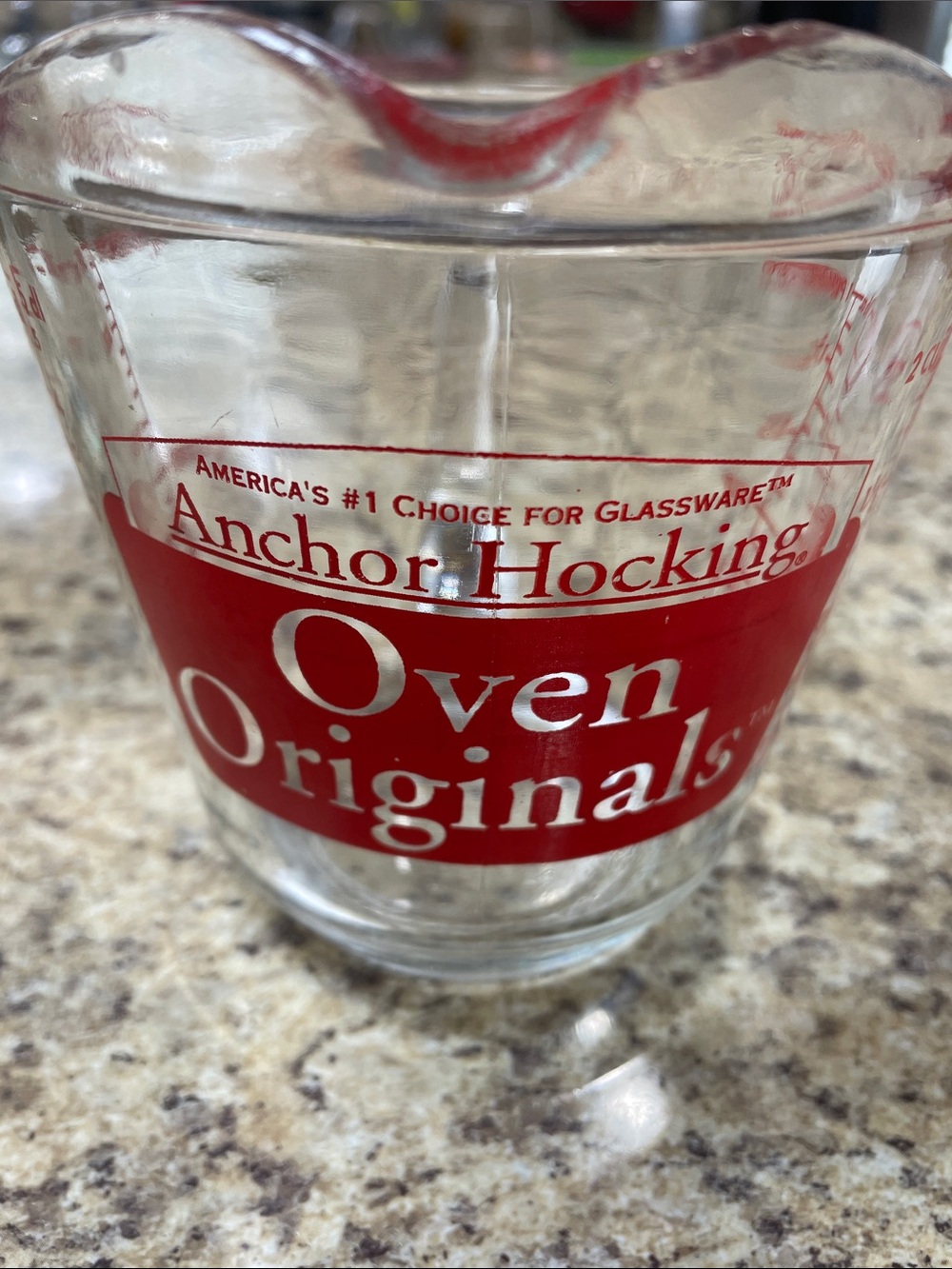 Anchor Hocking Oven Originals 498 RED Lettering 2 Cup Clear Glass Measuring Cup.